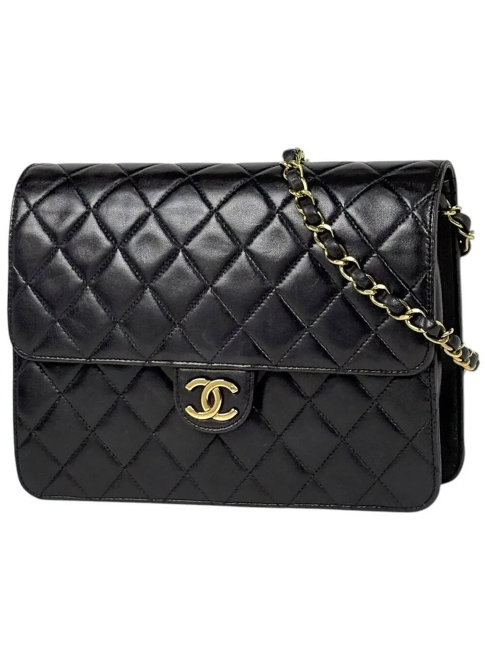 Chanel Shoulder Bag Quilted CC Logo Single Flap Push Lock Leather Black